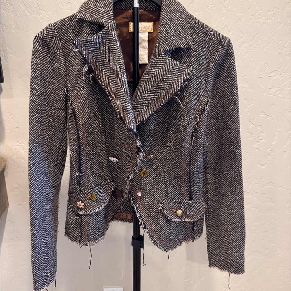 Vtg Y2K Baby Phat brown and cream tweed blazer mixed buttons rhinestone-back